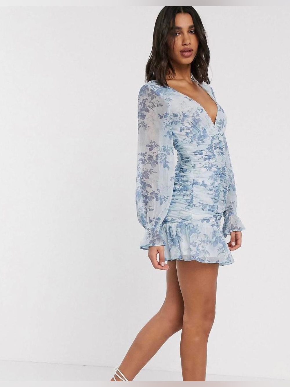 ASOS Light Blue Floral V-Neck Ruched Mini Dress